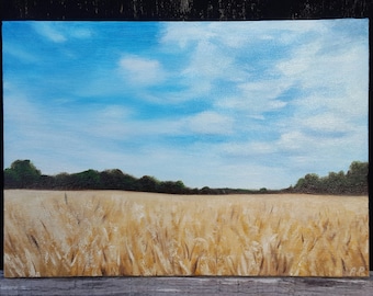 Oxfordshire landscape oil painting. The Marina Field, A4 size, stretched canvas with painted sides. Ready to frame or add fixings to hang.