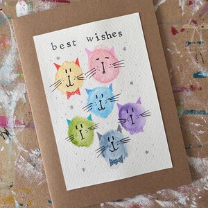 Happy cats best wishes birthday card Unique Handmade greetings birthday hand painted watercolour rainbow cats
