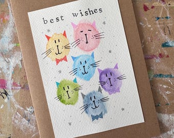 Joyeux chats meilleurs voeux carte d'anniversaire Unique voeux d'anniversaire à la main chats arc-en-ciel aquarelle peints à la main