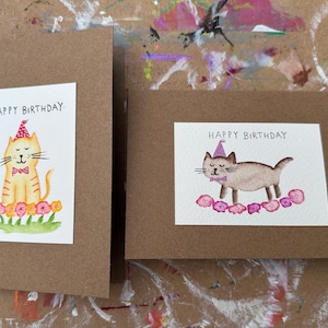 Two A6 Cat Happy birthday cards Unique Handmade greetings hand painted watercolour cute cats in party hats