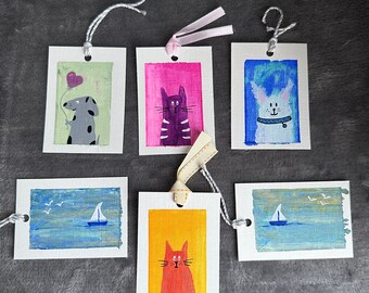 Set van 6 cadeaukaartjes Unieke handgemaakte acryl geschilderde groeten / verjaardagscadeaukaartjes katten, honden, boot, kat, hond, schattig