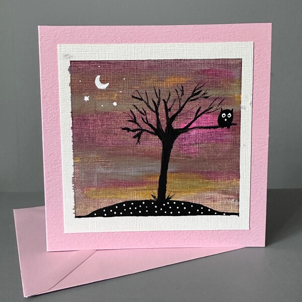 Silhouette owl in a tree birthday card Handmade acrylic painted greetings bird moon