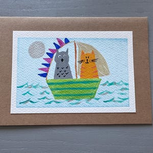 Carte de comptine La chouette et le minou Unique fait main acrylique peint salutations anniversaire bateau peint à la main mer pleine lune