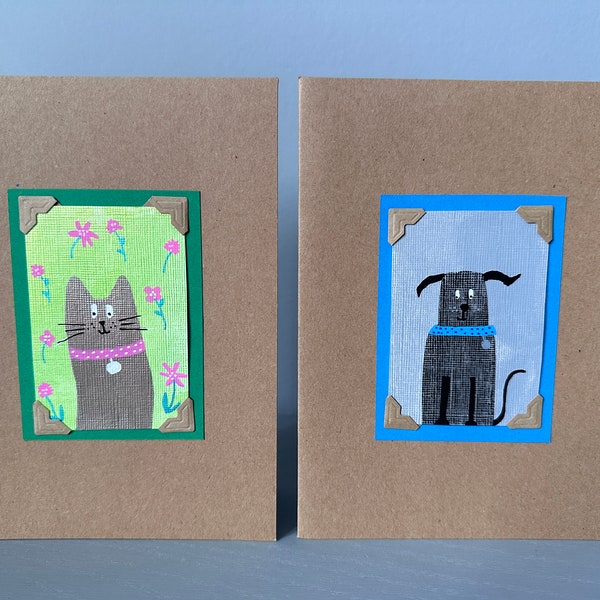 Two cute cards dog card and a cat card  - Handmade acrylic painted greetings/ birthday card