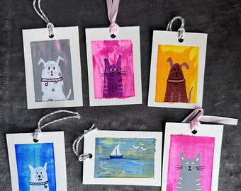 Set van 6 cadeaukaartjes Unieke handgemaakte acryl geschilderde groeten / verjaardagscadeaukaartjes katten, honden, boot, kat, hond, schattig