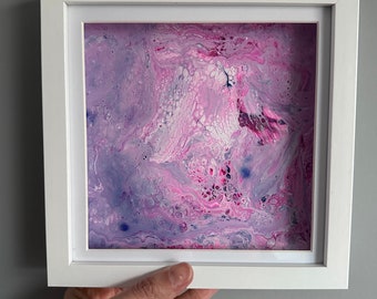 Unique modern abstract Framed Acrylic drip painting artwork in frame size 20cm x 20cm ' Unicorn ' painted fluid art pour paint