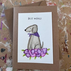 Meilleurs voeux carte chien unique voeux d'anniversaire peints à la main aquarelle carte de chien mignon carte d'amoureux des chiens chien et fleurs