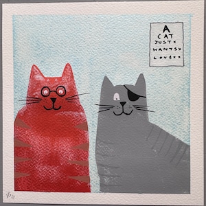 Hand-Painted Cat Art: &#39;Opticians Visit&#39; - Ginger & Grey Cats