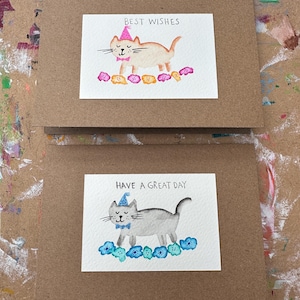 Two A6 Cat have a great day best wishes birthday cards Unique Handmade greetings hand painted watercolour cute cats cats in party hats