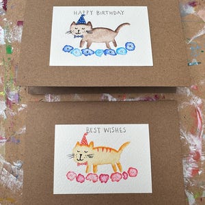 Two A6 Cat Happy Birthday best wishes birthday cards Unique Handmade greetings hand painted watercolour cute cats cats in party hats