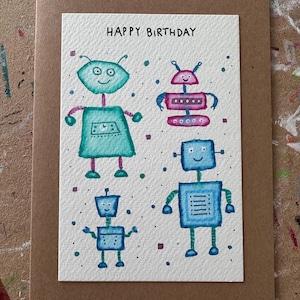 Handmade Robot Birthday Card: Watercolor Painted Greetings