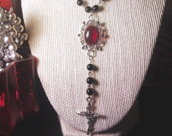 Gothic Cross Y Red Necklace Goth Style Beaded Vampire Cosplay