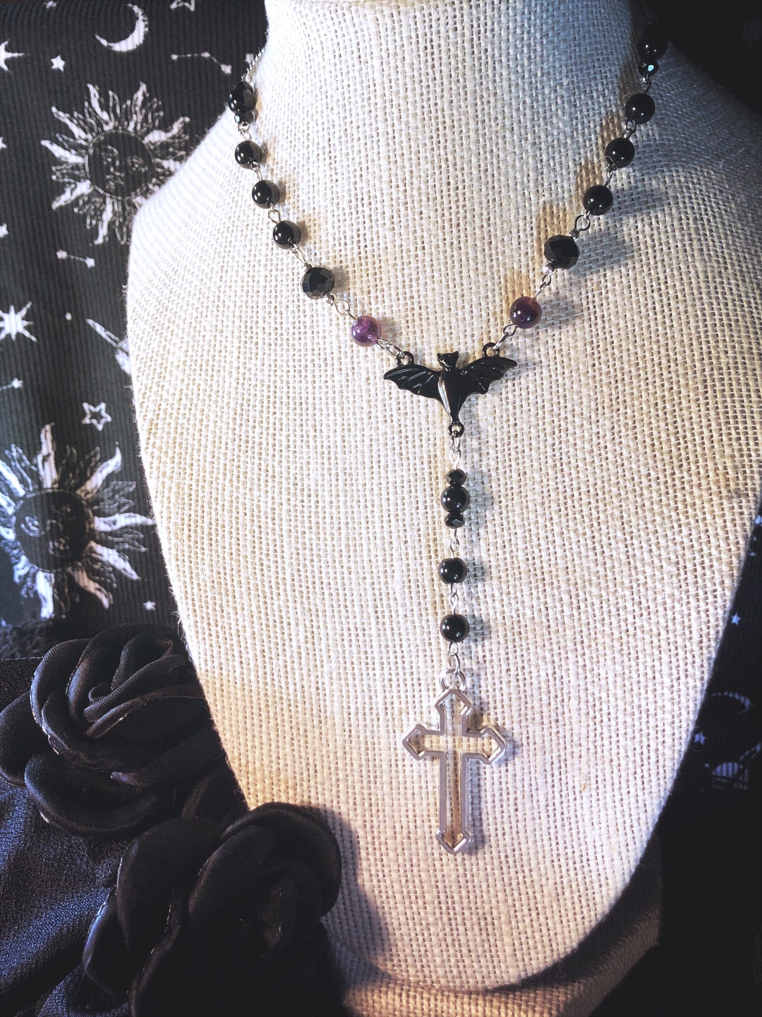 Vampire Bat Gothic Cross Beaded Necklace Goth Punk Natural Amethyst - Etsy