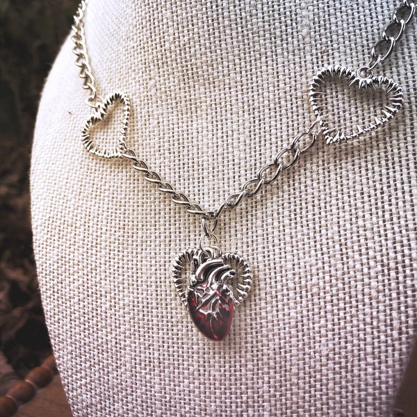 Desire : Punk Spiked Heart Necklace Chunky Chain Human Heart Edgy Goth Endless