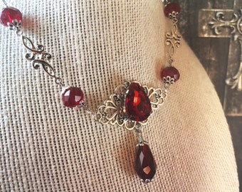 Elizabeta: Gothic Victorian Necklace Blood Red Drop Beads Ornate Vampire