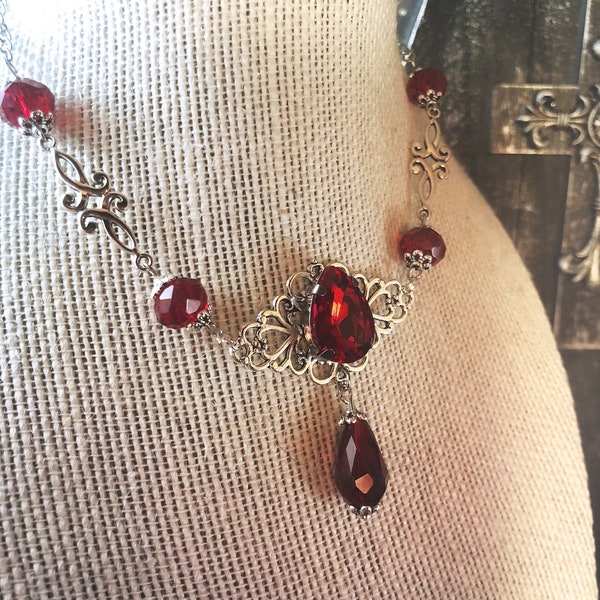 Elizabeta: Gothic Victorian Necklace Blood Red Drop Beads Ornate Vampire