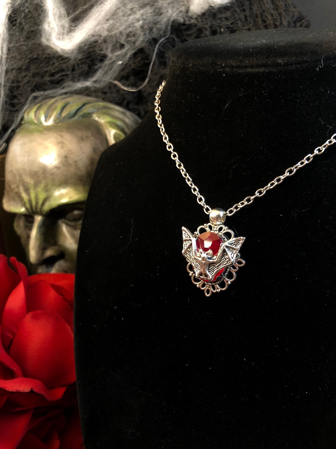 Vampire Bat Cameo Pendant Necklace Blood Red Antique Silver Finish ...