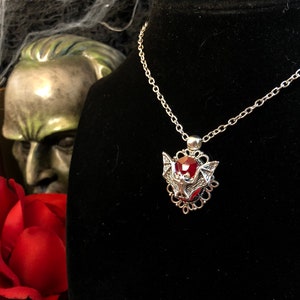 Vampire Bat Cameo Pendant Necklace Blood Red Antique Silver Finish Essential Goth Halloween