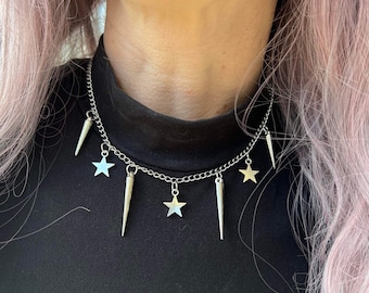 Adjustable Punk Choker Spikes Stars Edgy Alternative Goth Necklace