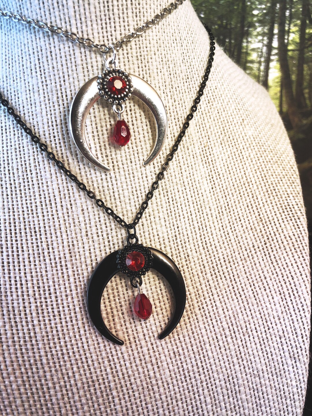 Horned Crescent Moon Necklace in Silver or Black Gothic Witchy - Etsy