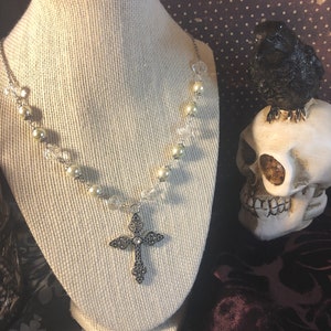 Gothic Medieval Cross Necklace Beaded Pearl Silver