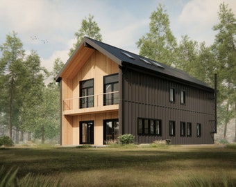 May include: A two-storey house featuring a combination of light-coloured vertical wood cladding on the front facade and dark charcoal metal cladding on the side. The structure includes a second-storey balcony, black-framed windows, and a dark metal roof.