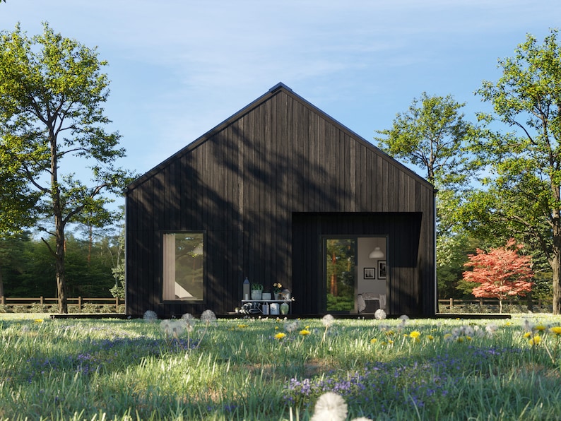 May include: A modern, black-clad house with a gabled roof, set in a lush green meadow. The house features a window and sliding glass doors, with a glimpse of the interior. Trees frame the house, and the sky is blue.