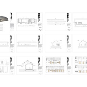May include: A collection of architectural drawings and a 3D rendering of a small wood cabin. The drawings include floor plans, elevations, and cross-sections, all in black and white. The text "Design with FRANK" is visible on the right side of the drawings.