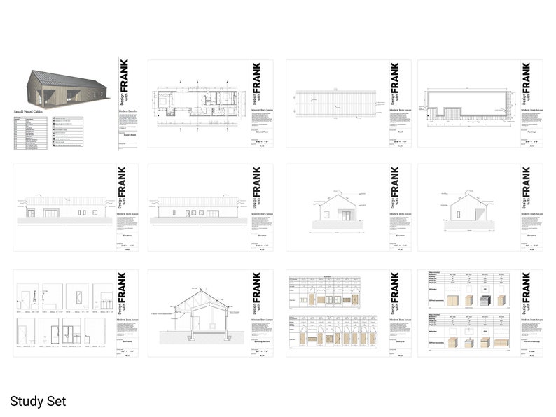 May include: A collection of architectural drawings and a 3D rendering of a small wood cabin. The drawings include floor plans, elevations, and cross-sections, all in black and white. The text "Design with FRANK" is visible on the right side of the drawings.