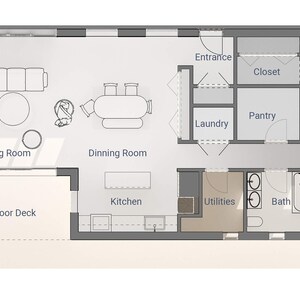 May include: A detailed architectural floor plan of a home, featuring labeled rooms such as bedrooms, bathrooms, kitchen, living room, and dining room. The plan includes outdoor decks and utility areas, with a neutral color palette.