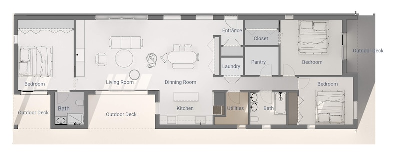 May include: A detailed architectural floor plan of a home, featuring labeled rooms such as bedrooms, bathrooms, kitchen, living room, and dining room. The plan includes outdoor decks and utility areas, with a neutral color palette.