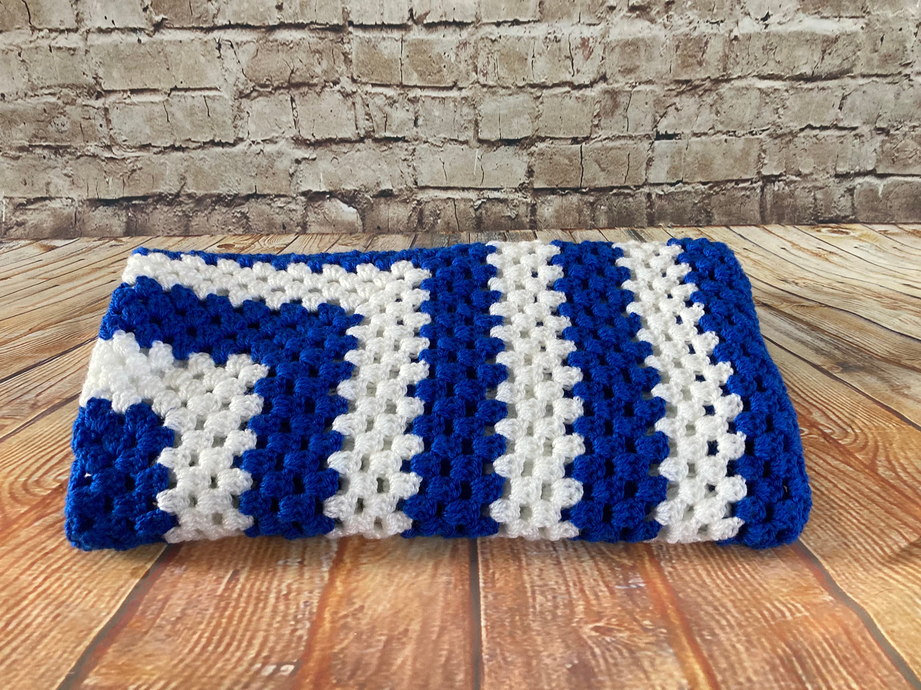 Beautiful bright blue and white crocheted baby blanket. Etsy