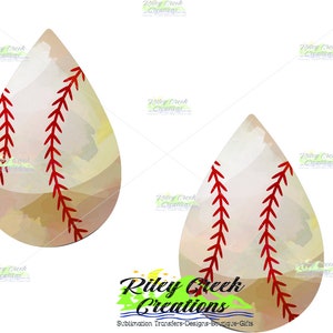 May include: Two watercolor baseball-themed earrings in the shape of a teardrop. The earrings are white with red stitching and a brown watercolor background.