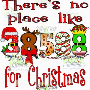 May include: A Christmas-themed design featuring the text "There's no place like 3858 for Christmas". The numbers are decorated with Christmas-themed patterns and characters, including Santa, a reindeer, a gingerbread man, and an elf.