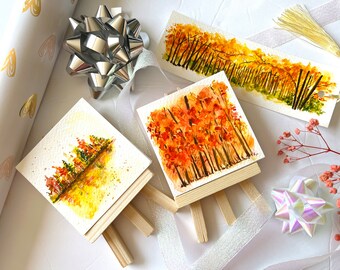 Handmade Autumn Gift Box for Women|Fall Forest Thanksgiving Gift Basket |Holiday Gift Set for her|Fall Art gift set-Mini Canvas Art,Bookmark