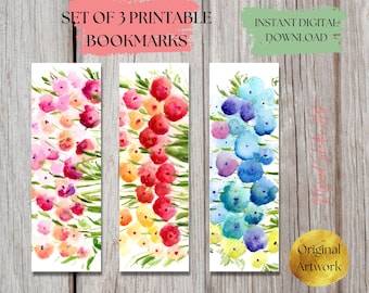 Printable bookmarks,Set of 3,Watercolor wild flower bookmark,book lovers gift,literary gifts for readers,bookmarks for kids,Instant DOWNLOAD