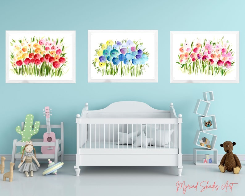 Wild Flowers Printable Nursery Wall Art Set of 3, 3 Piece Flower Art