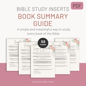 May include: A PDF guide for Bible study, featuring inserts for various books. The cover displays the title "Bible Study Inserts Book Summary Guide" with floral accents. The guide includes 66 pages and is designed for in-depth study.