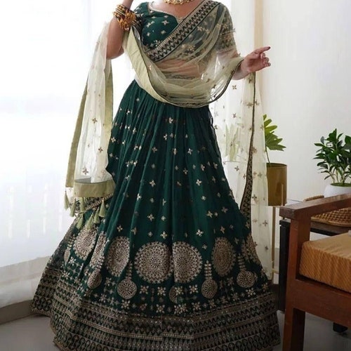 Bottle Green Color shops Georgette Lehenga Choli Party Wear Lehenga Functional Wear Lehenga Choli Lehenga For Women