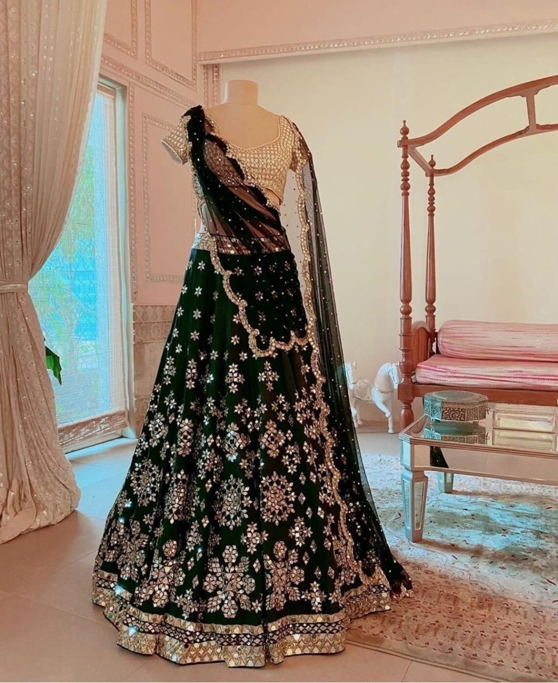 bottle dark green lehenga combination