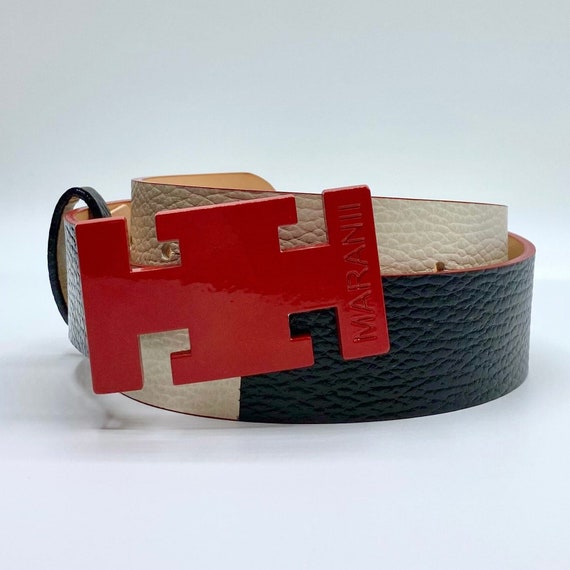MARANII Black White Red Pebble Leather Belt Genuine Full - Etsy