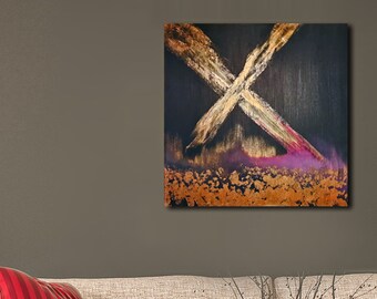Unique acrylic wood painting "X" 50 x 50 cm