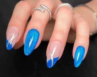 PHOEBE Reusable Press On Nails • Blue and Silver Velvet Cat Eye Abstract Nails