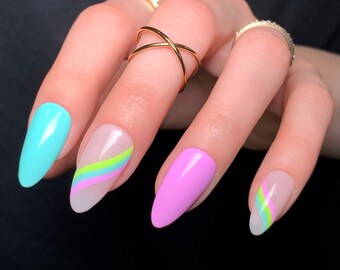 TAYLA Reusable Press On Nails • Bright Blue and Purple Abstract Swirl Nails