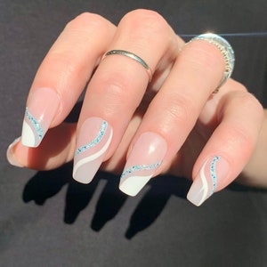 JOLIE Reusable Press On Nails • White and Blue Glitter Abstract Swirl Nails