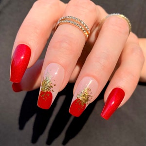 GISELLE Reusable Press On Nails • Red and Gold Leaf Abstract Negative Space Nails