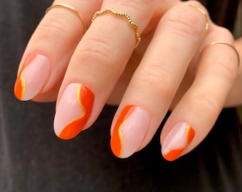 ELLE Reusable Press On Nails • Orange and Gold Abstract Swirl Nails