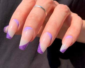 RYLEE Prensa Reutilizable En Uñas • Glitter Purple Side French Nails