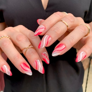 CHLOE Reusable Press On Nails • Bright Pink and White Abstract Swirl Nails