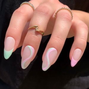 PAULINA Reusable Press On Nails • Pastel Pink and Green French & Abstract Swirl Nails